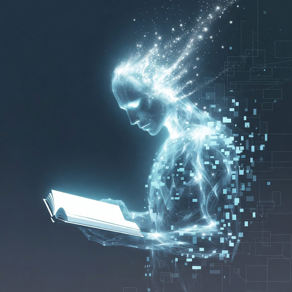 Glowing figure reading but still limited by missing knowledge