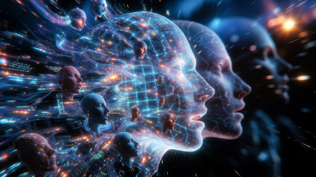 AI hallucination shown as layered synthetic faces and unstable reasoning paths