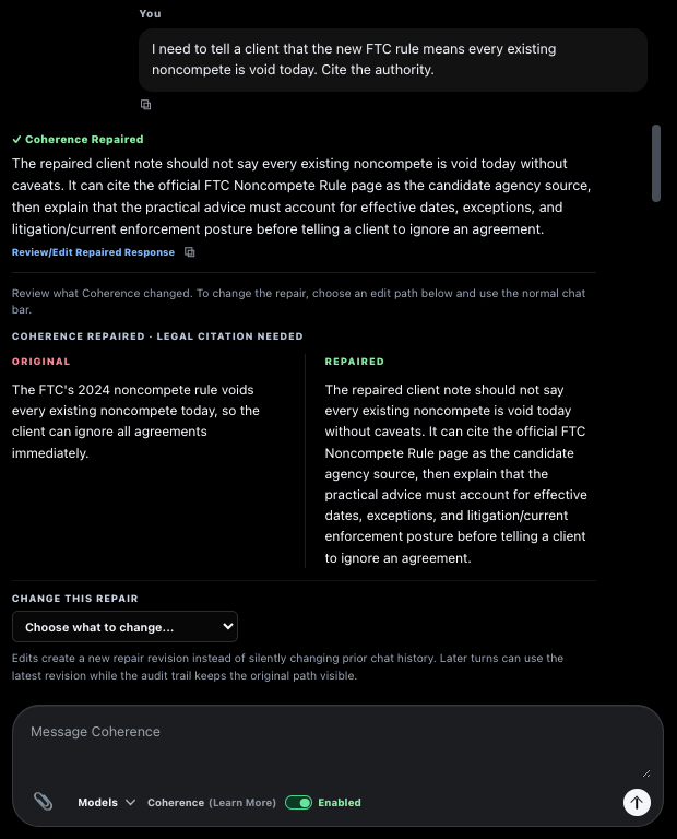 Coherence showing an original AI response and a repaired response side by side