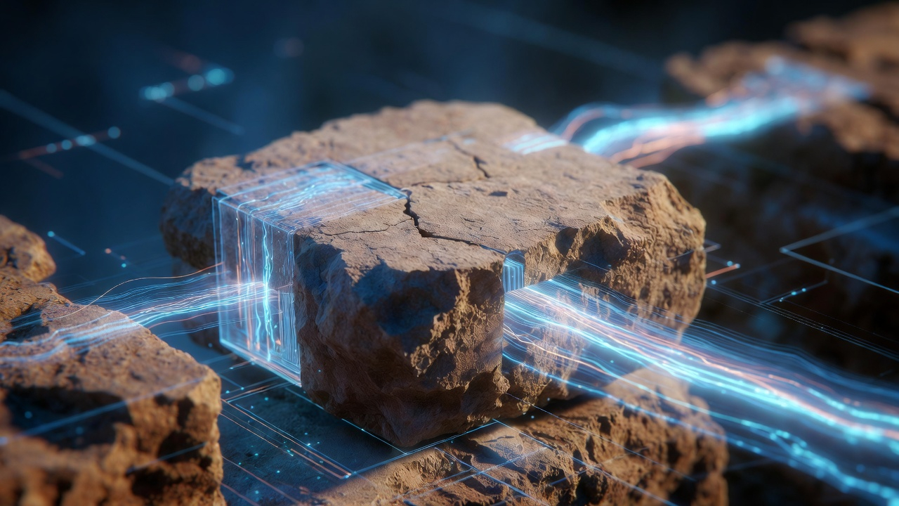 A solid cornerstone threaded by a bright digital path