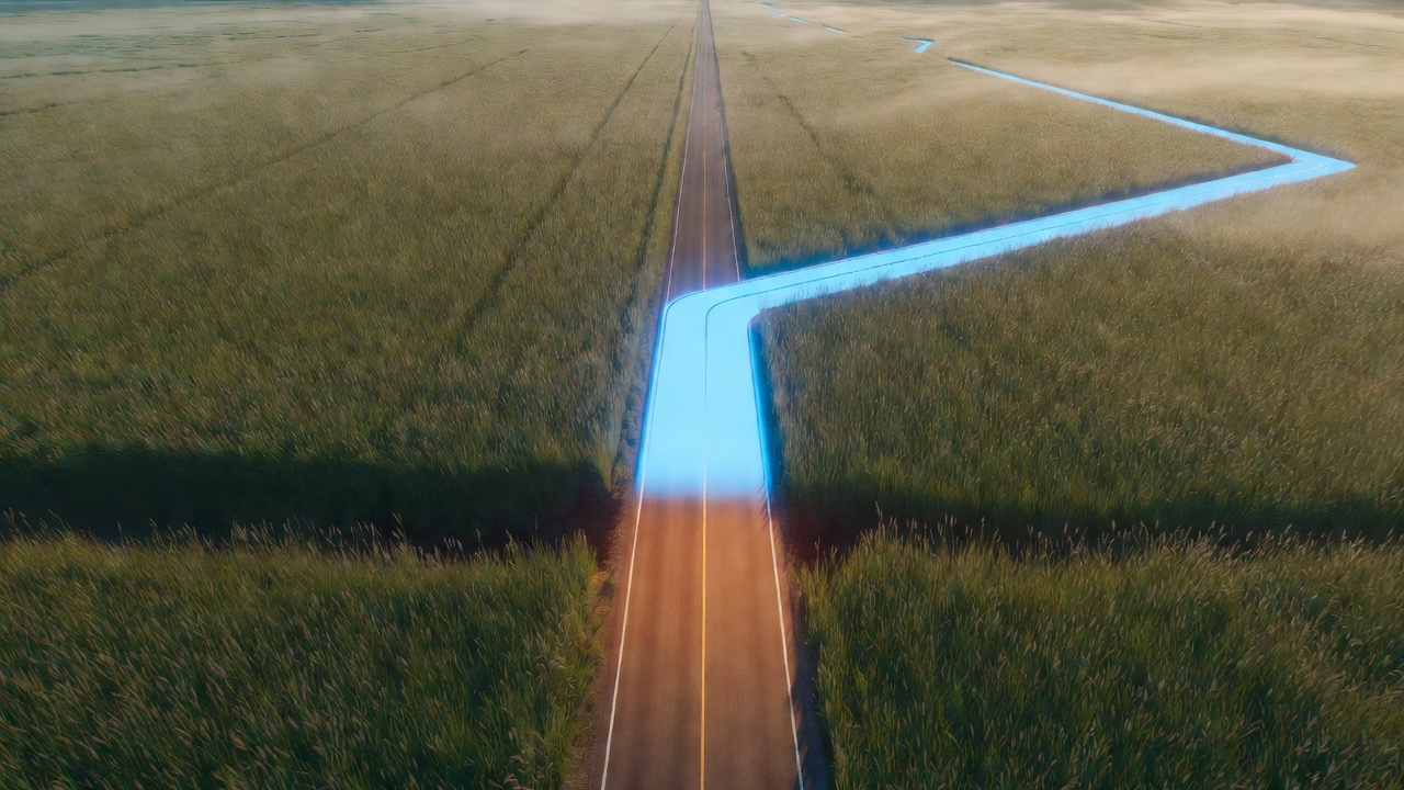 A precise illuminated route crossing a large open field
