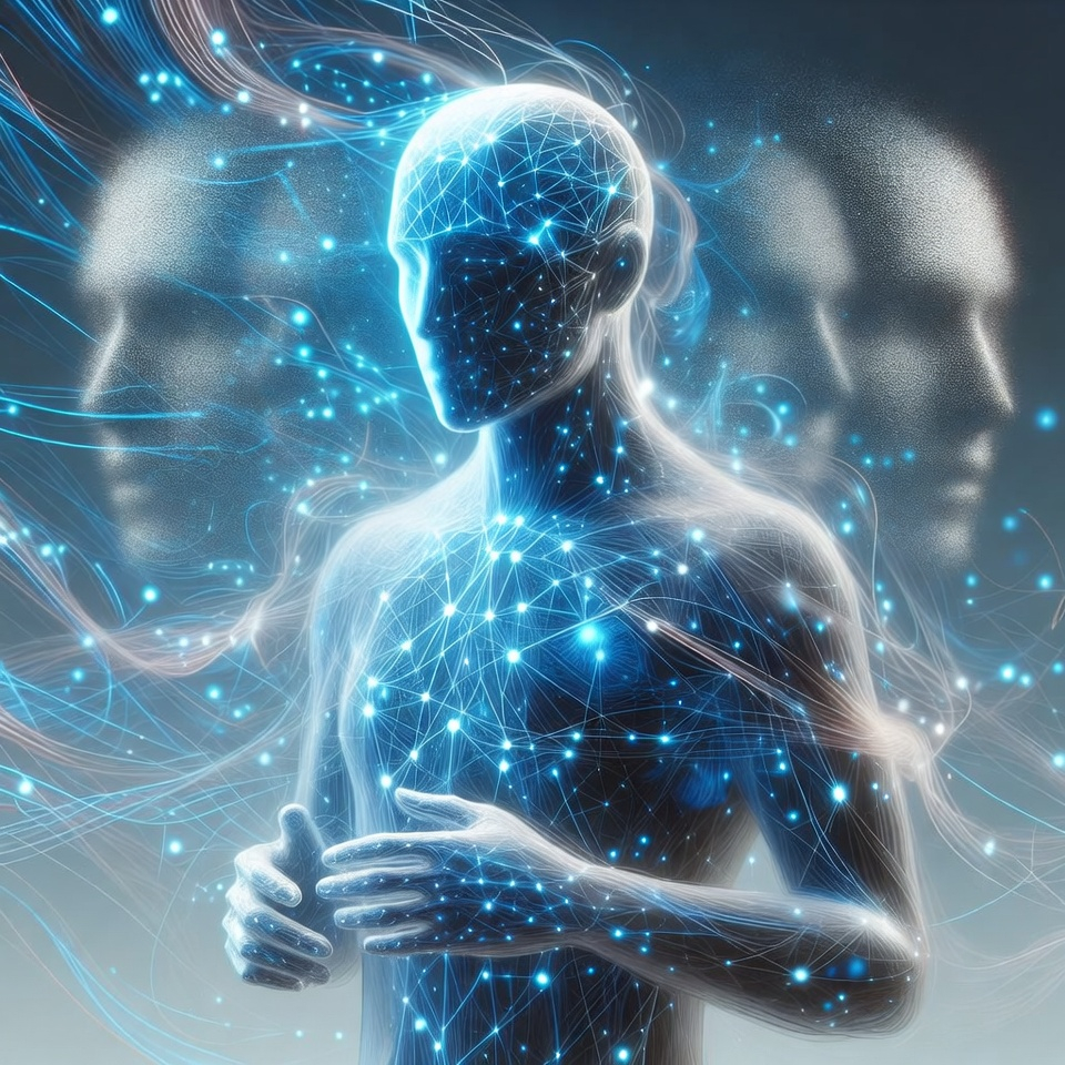 AI figure surrounded by uncertain silhouettes and glowing reasoning paths