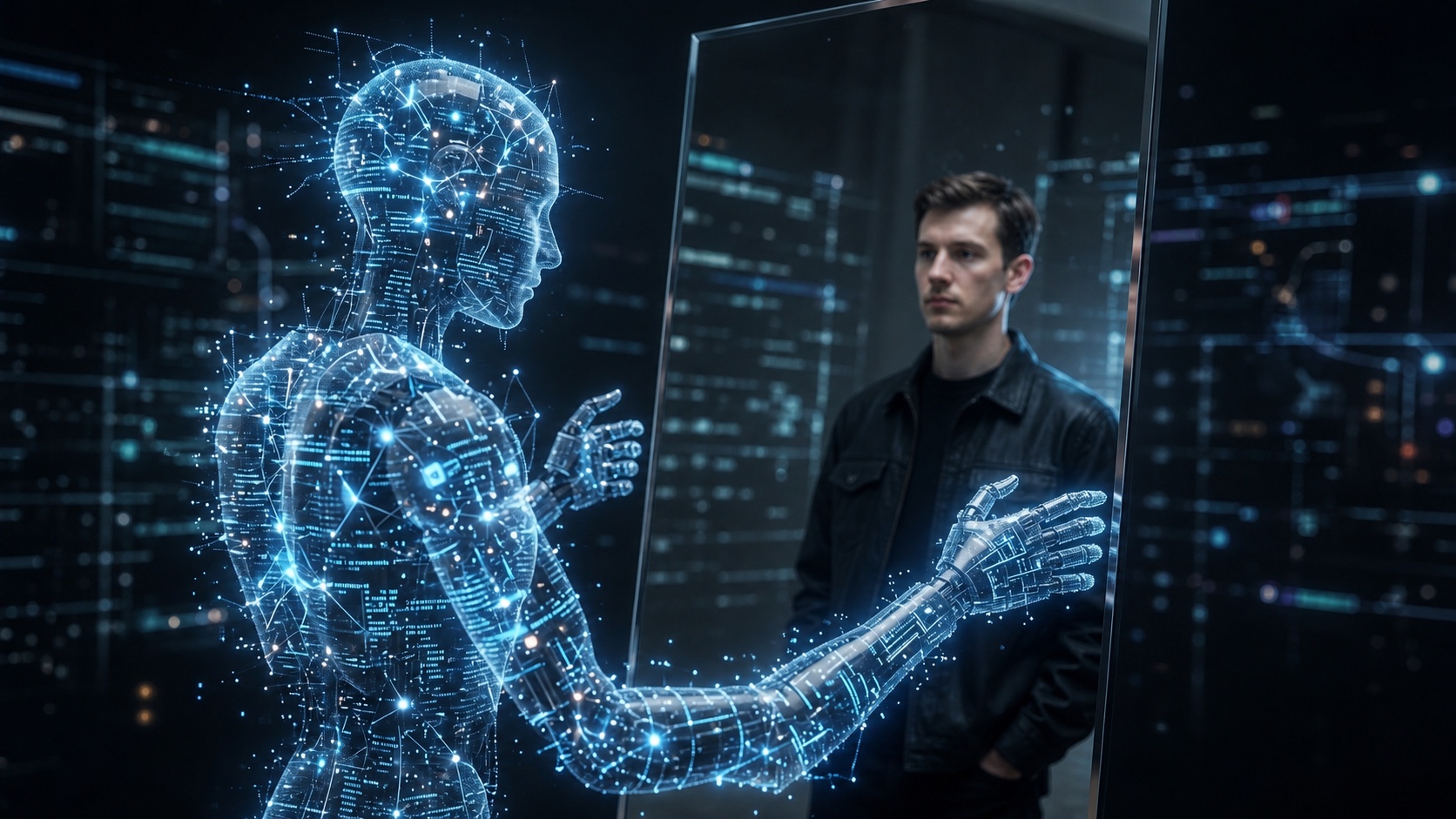 A human facing an AI reflection across a glass boundary