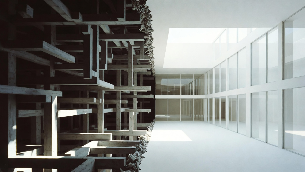 An unfinished structure meeting a precise completed system