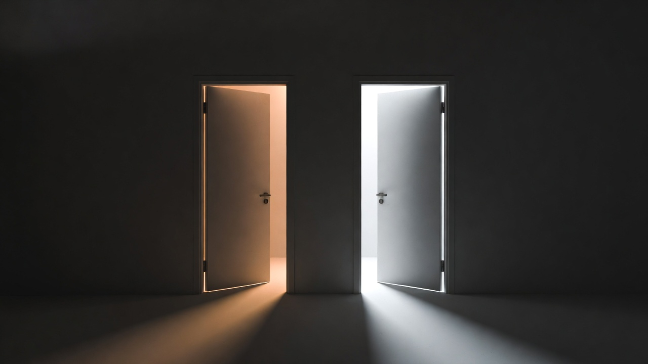 Two illuminated doors representing an AI candidate and a reliability-controlled answer path